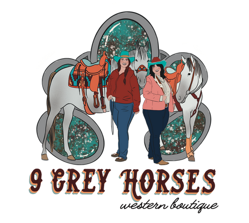 9 grey horses size inclusive western boutique logo featuring two plus size cowgirls standing with two grey horses featuring plus size western show clothing, unique western home decor and quality western accesories