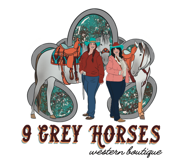 9 grey horses size inclusive western boutique logo featuring two plus size cowgirls standing with two grey horses featuring plus size western show clothing, unique western home decor and quality western accesories