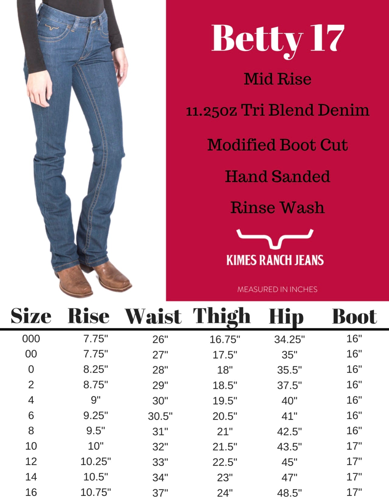 Kimes Ranch Betty 17 Jeans size chart