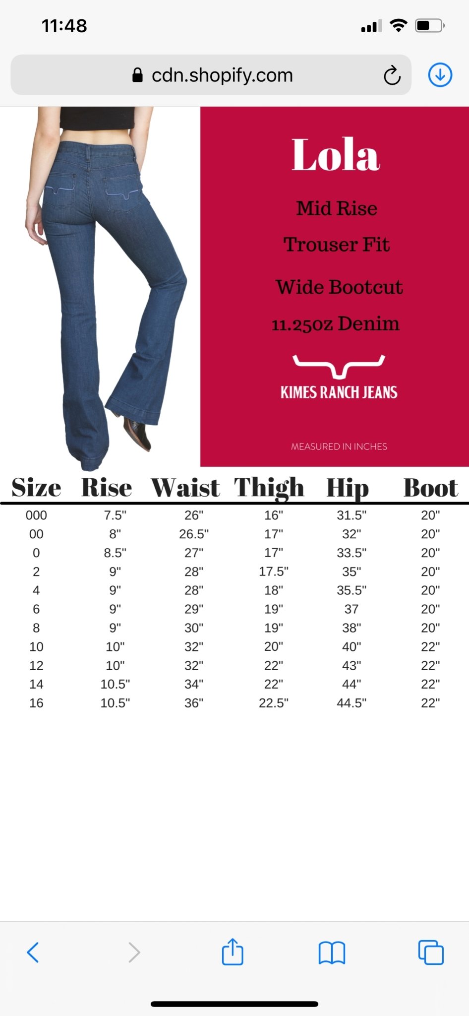 Kimes Ranch Lola Jeans size chart