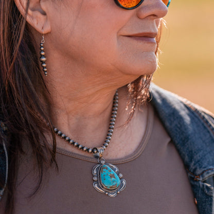Kingman Turquoise Pendant on 6mm Navajo Pearls - 9greyhorses.comJewelry