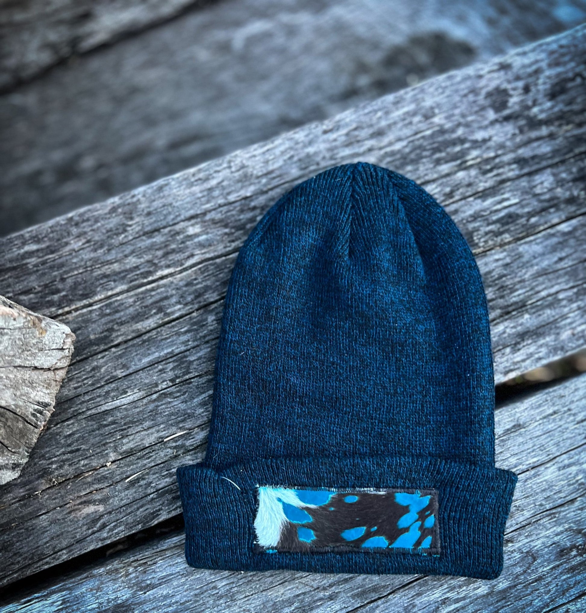 Turquoise Acid Wash Cowhide Patch Beanie - 9greyhorses.comApparel & Accessories